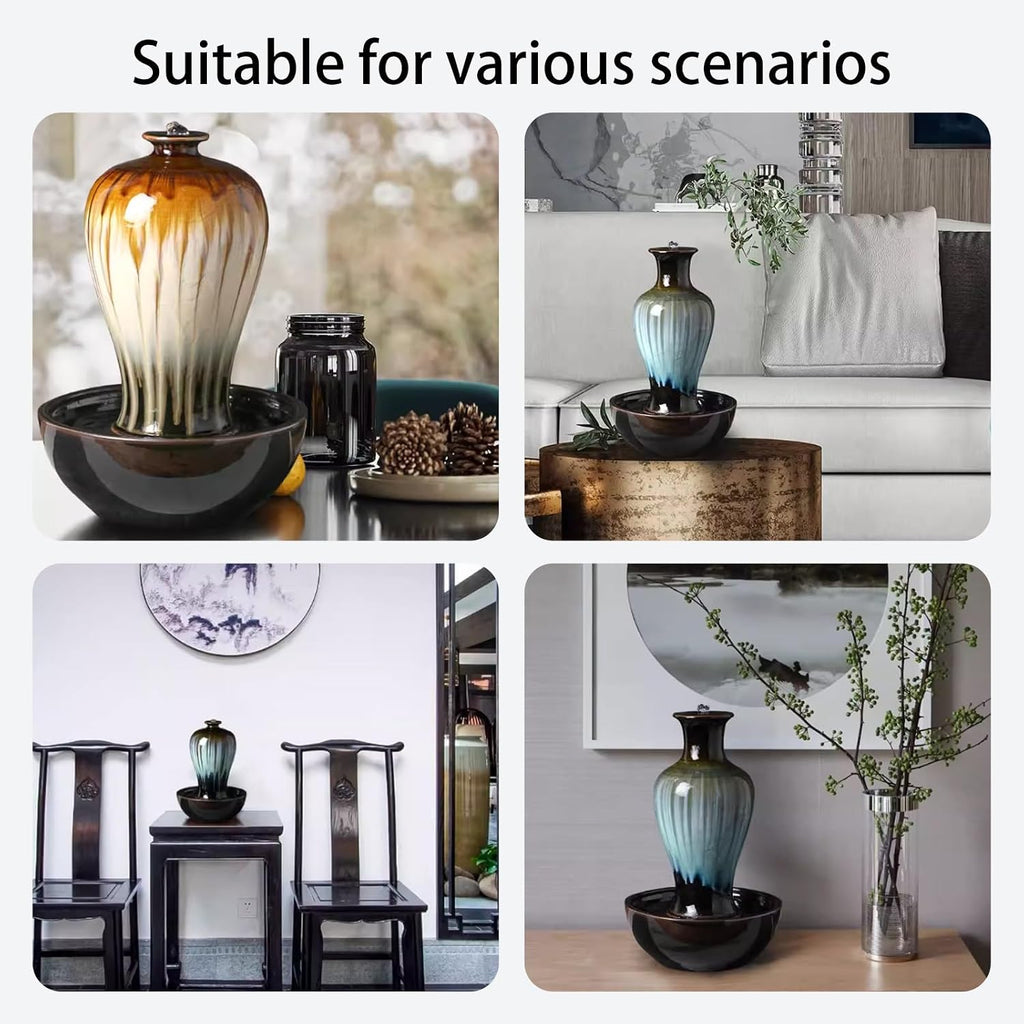 Tabletop Water Fountain, Zen Relaxation, Ceramic Material, Vase Shape, Indoor Waterfall, Meditation, for Home Office Bedroom Living Room Desktop Decor(Green,11 * 11 * 15.7IN)