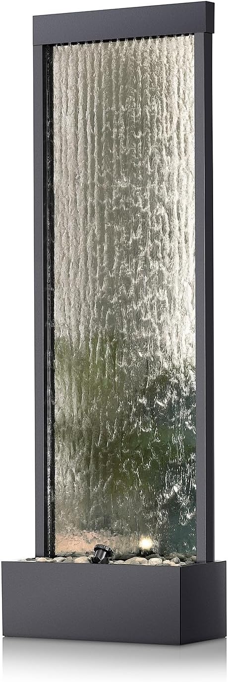 Alpine Corporation Mirror Waterfall Fountain with Stones and Lights - Zen Indoor/Outdoor Decor for Office, Living Room, Patio, Entryway - 72 Inches
