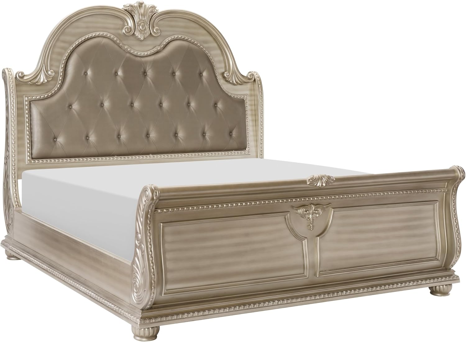 Traditional Classic 5 Pieces Cal-King Size Set Silver Finish Faux Leather Upholstered Bed Classic Design Marble Top Formal Bedroom Furniture