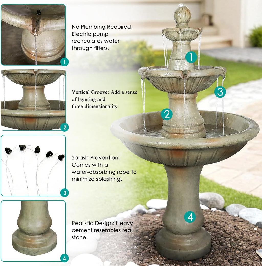 SunJet 51.5' High 3-Tiers Modern Concrete Outdoor Water Fountain - Round Large Outdoor Fountains and Waterfalls for Garden, Patio, Yard, and Deck Decor, Featuring Natural Stone Look