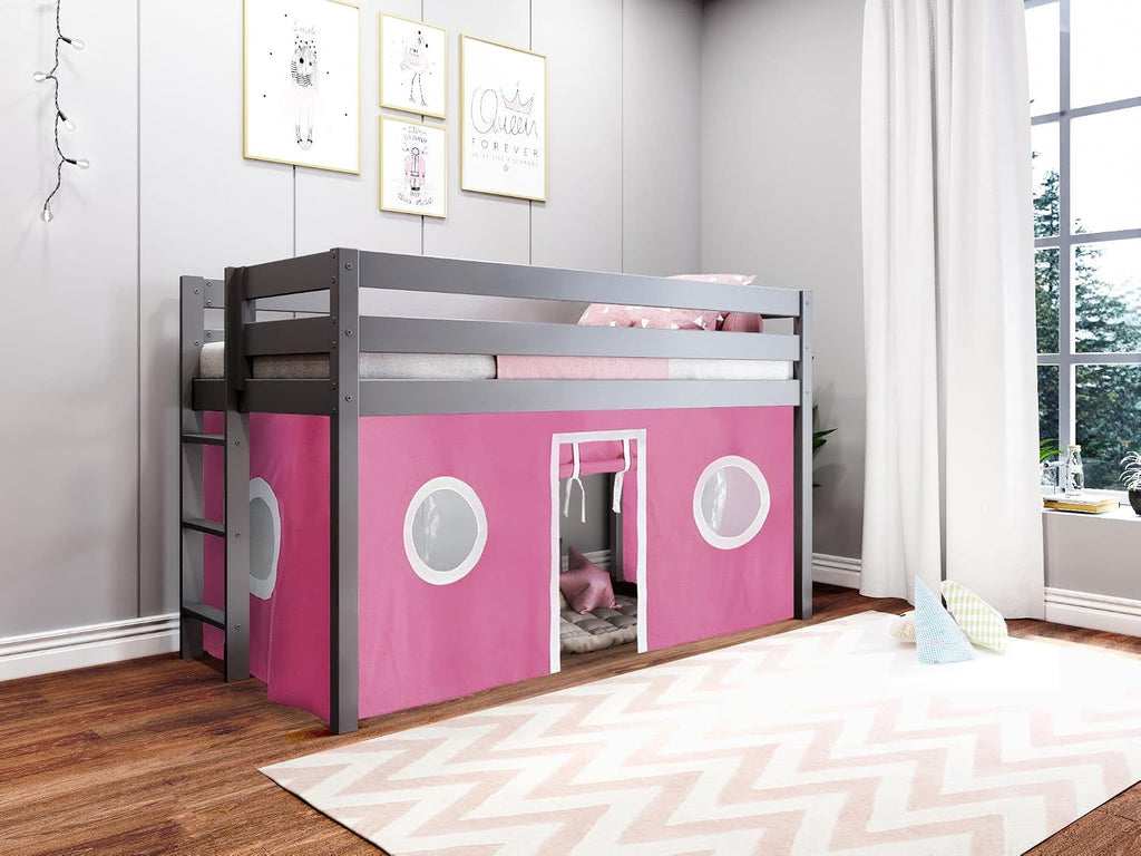 Jackpot! Contemporary Low Loft Twin Bed with End Ladder, Gray with Pink & White Tent