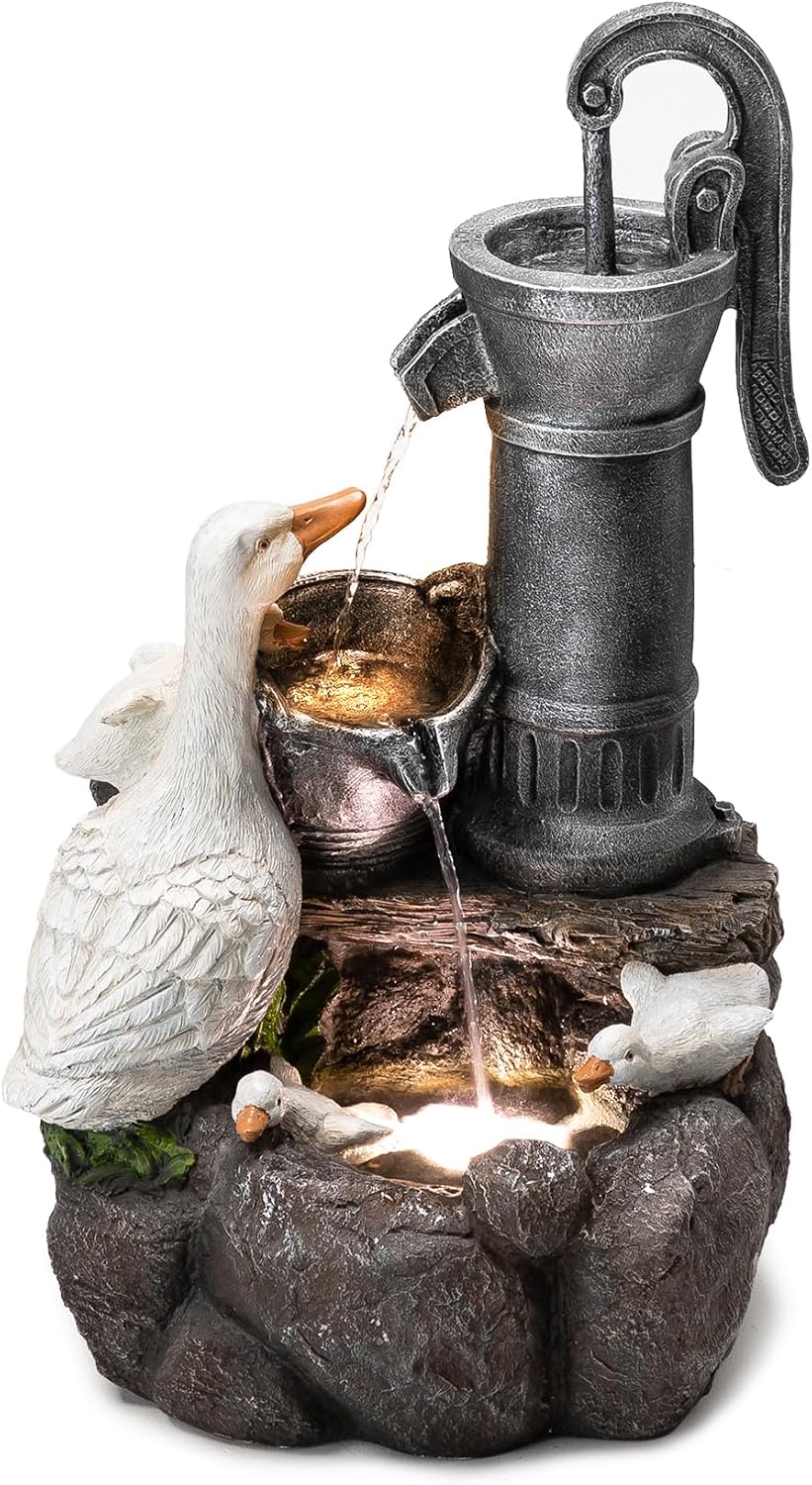 Glitzhome 24' Farmhouse Duck Outdoor Fountain with LED & Pump – 2-Tier Cascading Water Fountain for Outside Garden Decor - Rustic Waterfall for Backyard, Garden, or Patio Decor