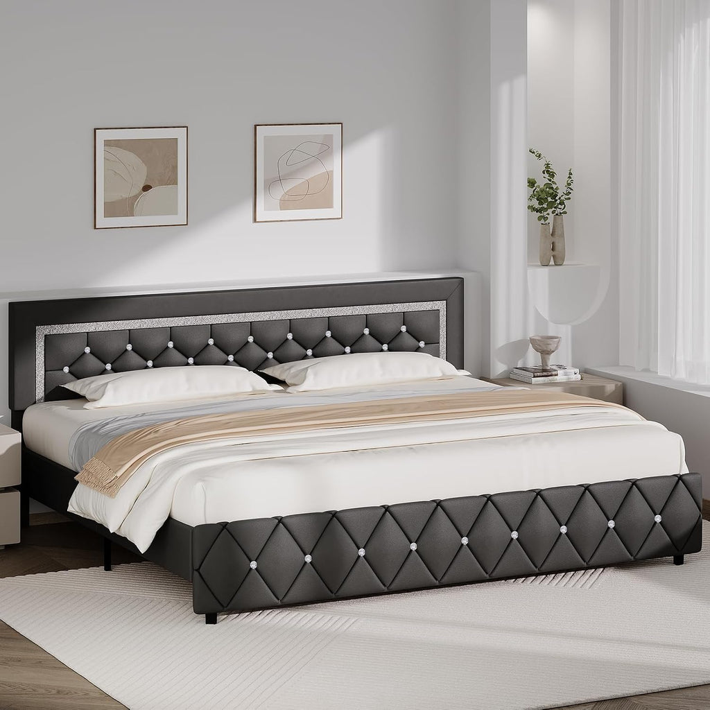 BarnFurin King Bed Frame with Diamond Tufted Headboard, Faux Leather Upholstered Bed with Wooden Slats Support, No Box Spring Needed, Mattress Foundation, Easy Assembly, Gray