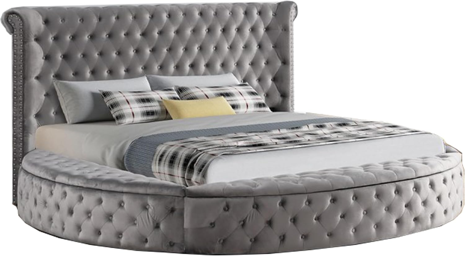 First of a Kind Velvet Tufted Platform Storage Bed, Circle Bed with Button Tufting and Storage Compartments in Rails and Footboard, Queen Size (Grey)