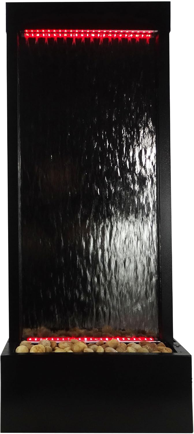 Alpine Corporation MLT174S‑MC Waterfall Fountain – Plug in Indoor Fountain with Black‑Framed Glass, Cascading Water, Floor Feature & Multi‑Color LED Lights, 48'