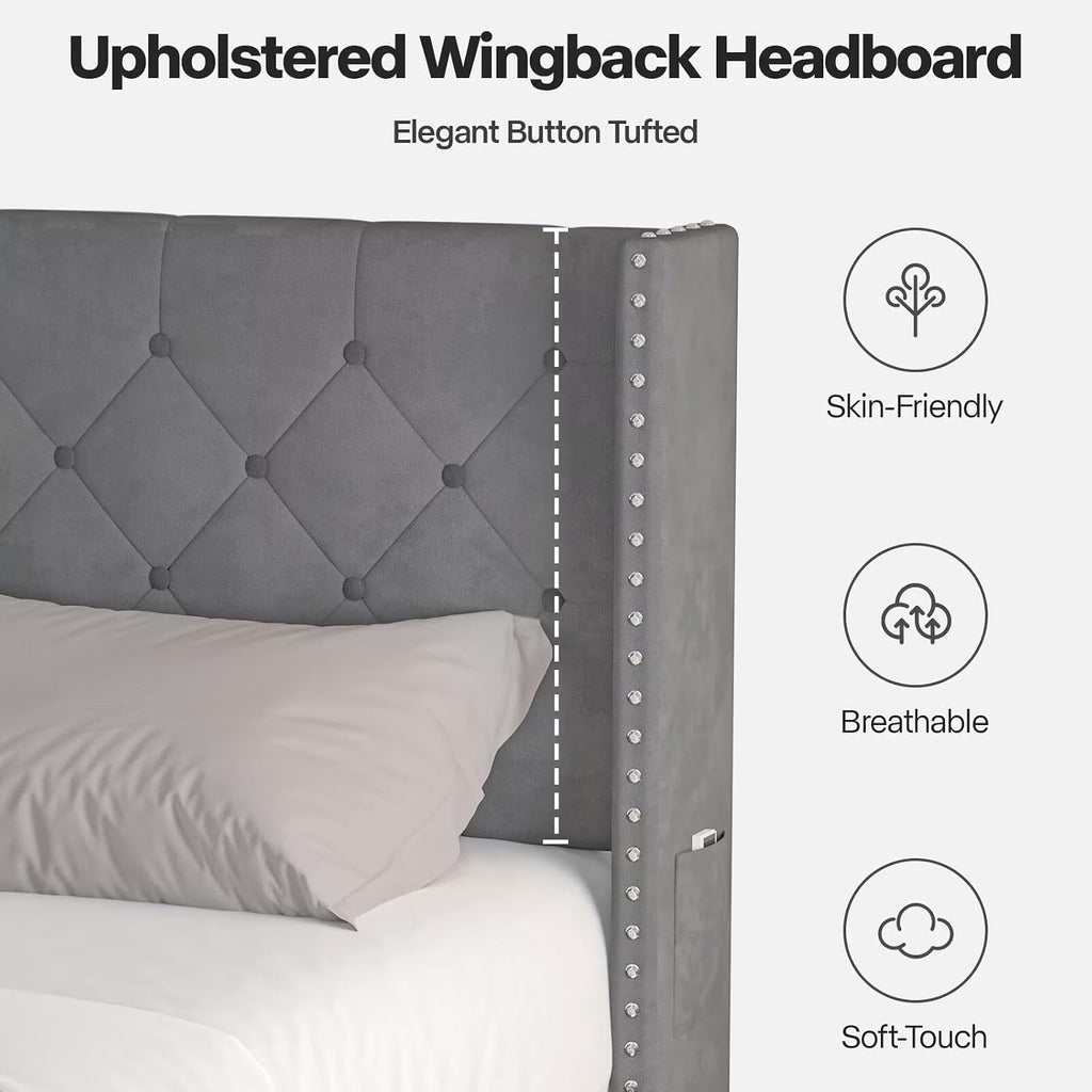 Lihimte Full Size Bed Frame with Led Lights, Upholstered Velvet Platform Bed Frames with Button Tufted Wingback Headboard and Footboard, Wooden Slats Support, No Box Spring Needed, Dark Grey
