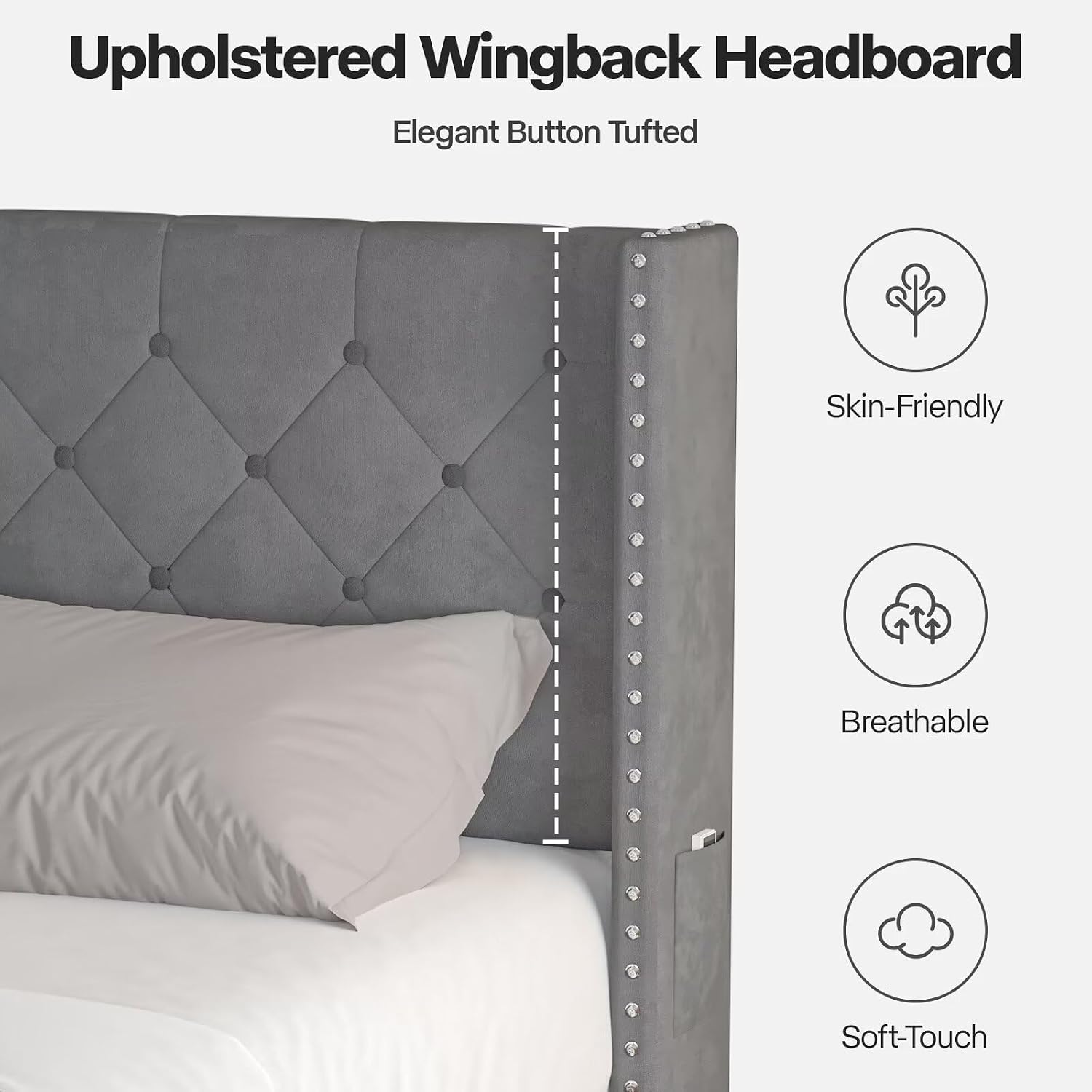 Lihimte Queen Size Bed Frame with Led Lights, Upholstered Velvet Platform Bed Frames with Button Tufted Wingback Headboard and Footboard, Wooden Slats Support, No Box Spring Needed, Dark Grey