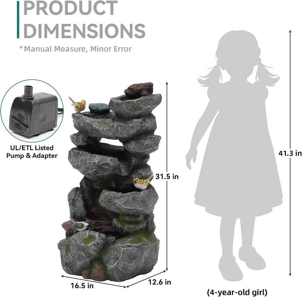 31.5' H Multi-Tier Rock Outdoor Water Fountain with LED Lights and Pump, Garden Fountain Waterfall for Patio, Porch, or Yard