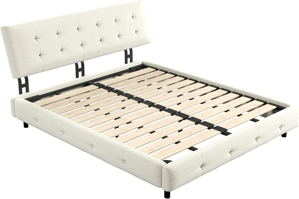 Queen Size Platform Bed Frame, Tufted Headboard with Extra-Large Ultra-Soft Cloud Pillow Design, Chenille Platform Bed with Metal and Wooden Slats Double Support, No Box Spring Needed (Beige-Queen,7)