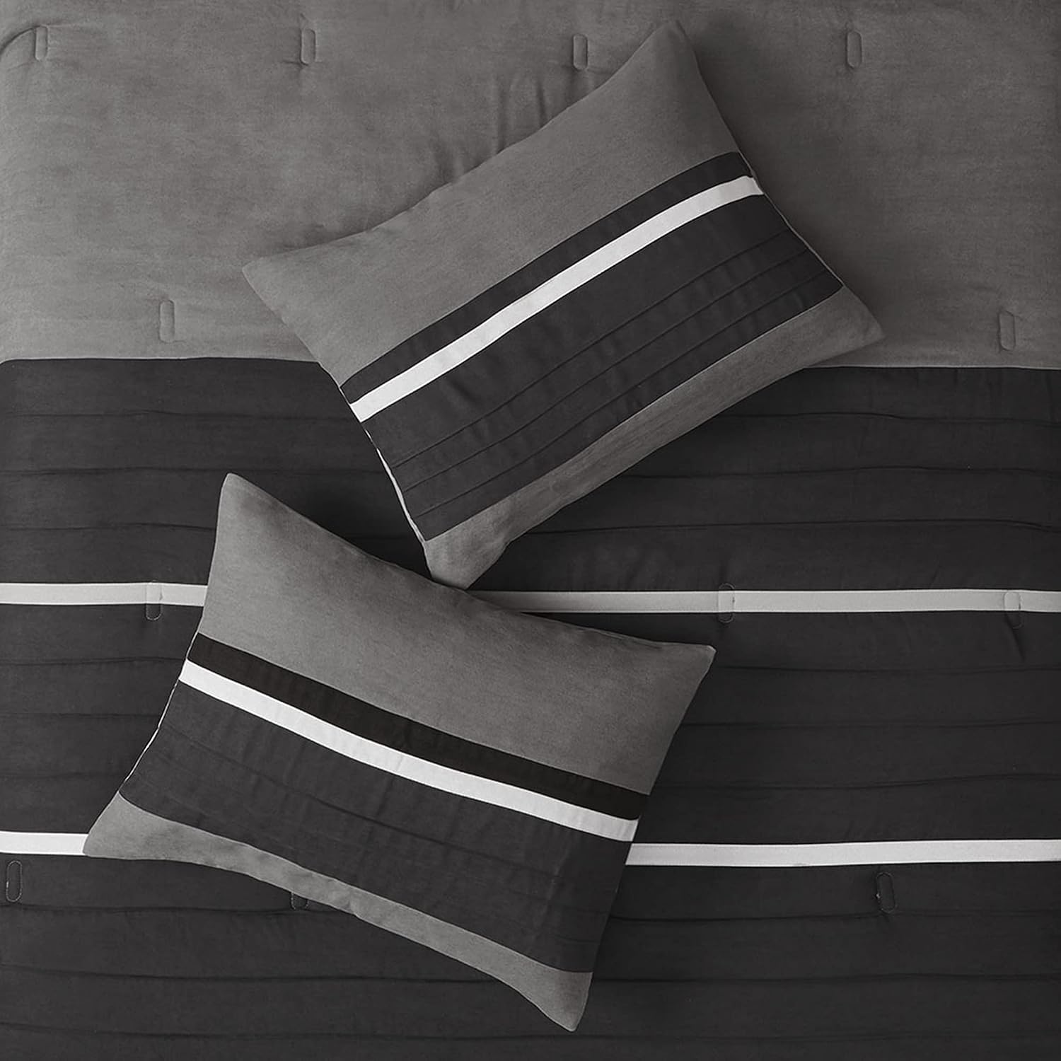 Madison Park Palmer Comforter Set - Faux Suede Design, Striped Accent, All Season Down Alternative Bedding, Matching Shams, Decorative Pillow, Bed Skirt, King (104 in x 92 in), Black 7 Piece