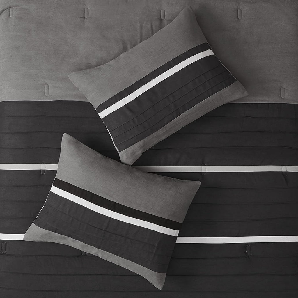 Madison Park - Palmer 7 Piece Comforter Set - Black and Gray - California King - Pieced Microsuede - Includes 1 Comforter, 3 Decorative Pillows, 1 Bed Skirt, 2 Shams