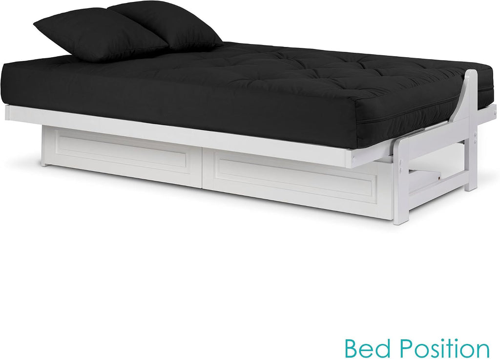 Nirvana Futons Arden White Futon with Storage Drawers Queen Size - Minimalist Armless Design with 8 Inch Comfortable Mattress (Twill Black), Sofa Bed Available in