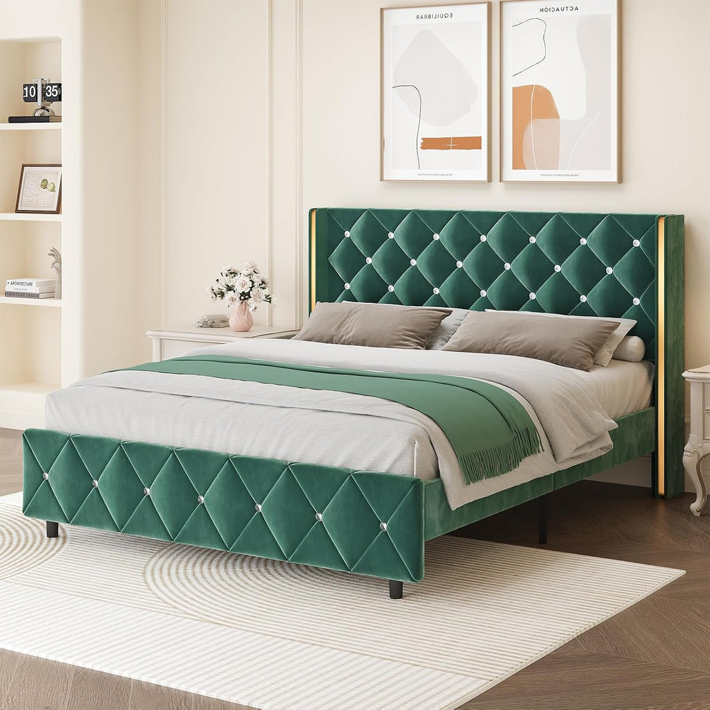 HOMBCK Queen Size Bed Frame, Velvet Upholstered Bed Frame with Wingback and Diamond Headboard, Wood Slat Support, No Box Spring Needed, Easy Assembly, Green