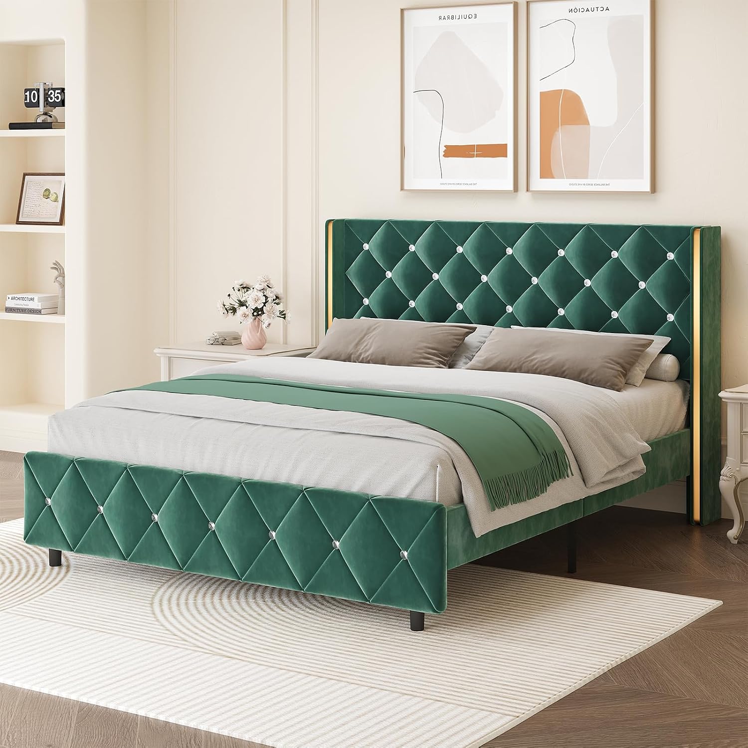 HOMBCK Queen Size Bed Frame, Velvet Upholstered Bed Frame with Wingback and Diamond Headboard, Wood Slat Support, No Box Spring Needed, Easy Assembly, Green