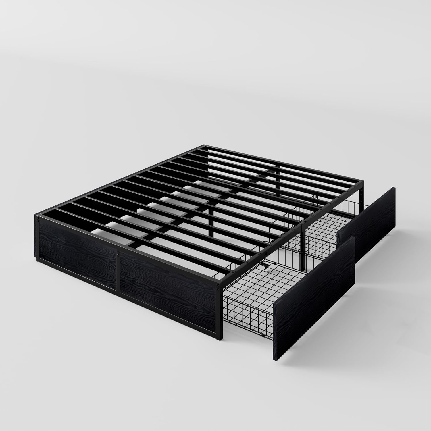 SHA CERLIN Full Platform Bed Frame with 2 Large Storage Drawers - Heavy Duty Metal & Rustic Wood, Noise-Free, No Box Spring Needed, Black