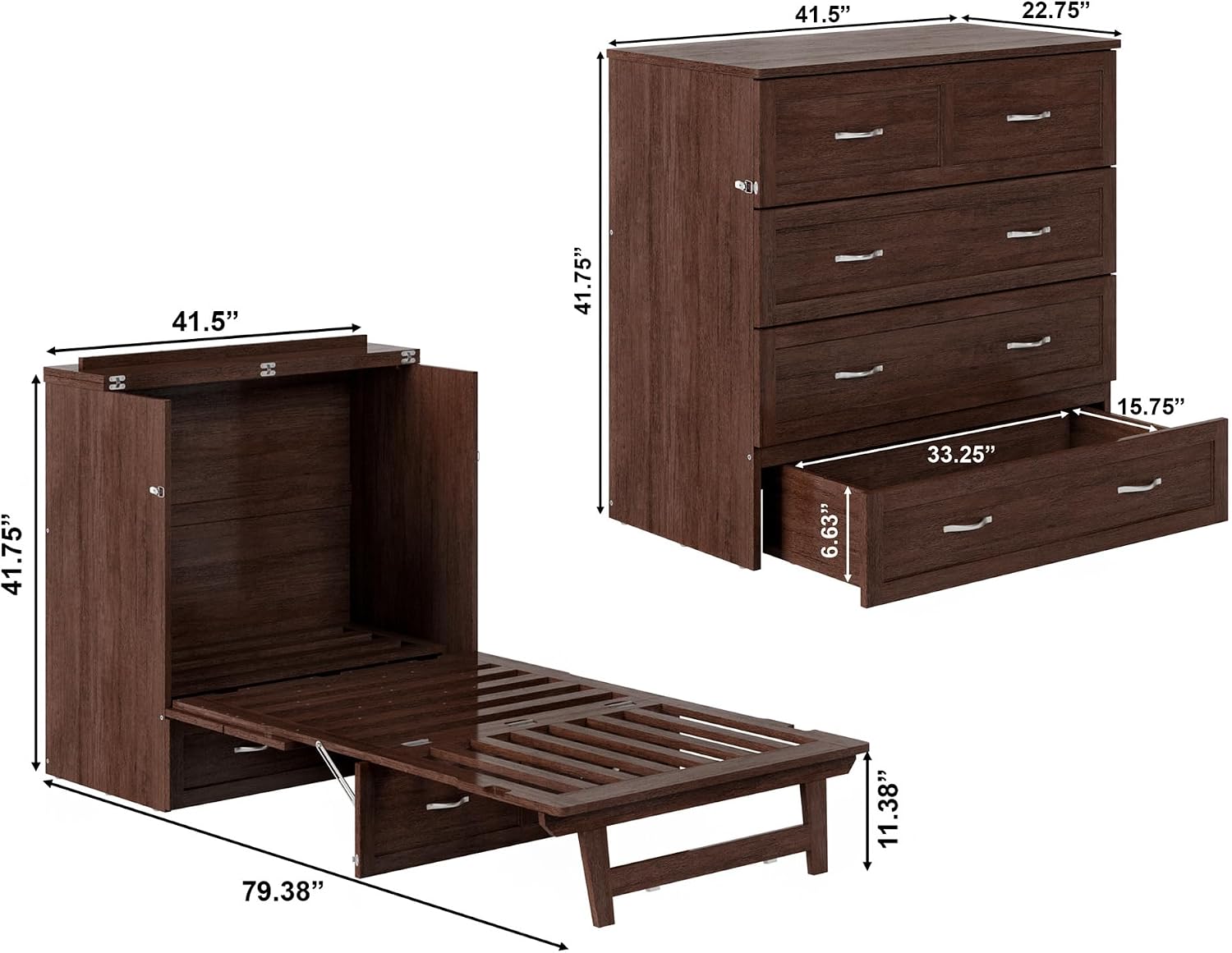 AFI, Northfield Murphy Bed Chest Twin XL with 6' Mattress, Storage Drawer & Built-in USB Charger, Burnt Amber