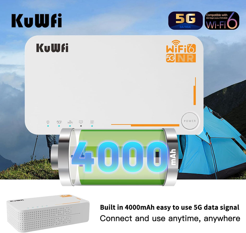 KuWFi 5g Router with sim Card Slot Unlocked,AX3600 WiFi-6 Modem with Sim Card Slot,NR NSA/SA 5G NR SA NSA AX3000 WiFi 6 CPE Router with Battery use for Outdoor and Indoor