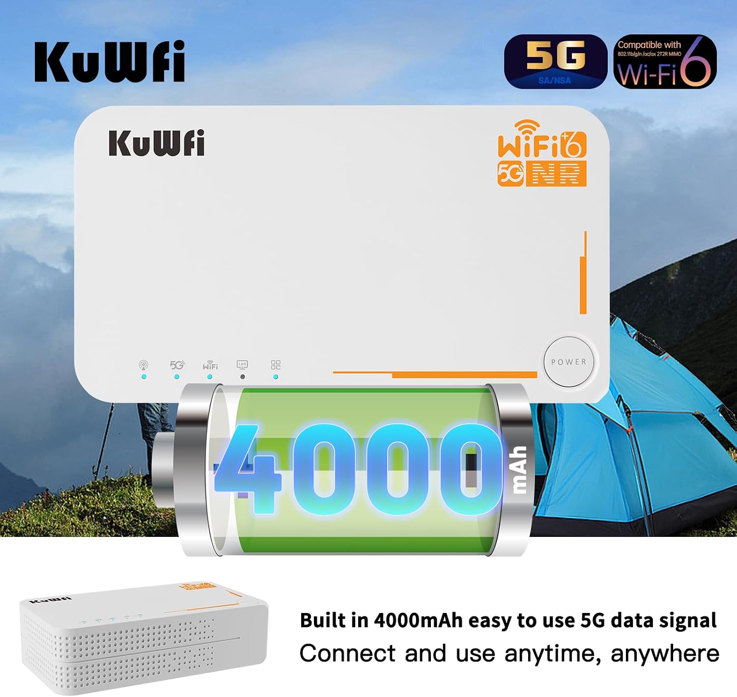 KuWFi 5g Router with sim Card Slot Unlocked,AX3600 WiFi-6 Modem with Sim Card Slot,NR NSA/SA 5G NR SA NSA AX3000 WiFi 6 CPE Router with Battery use for Outdoor and Indoor
