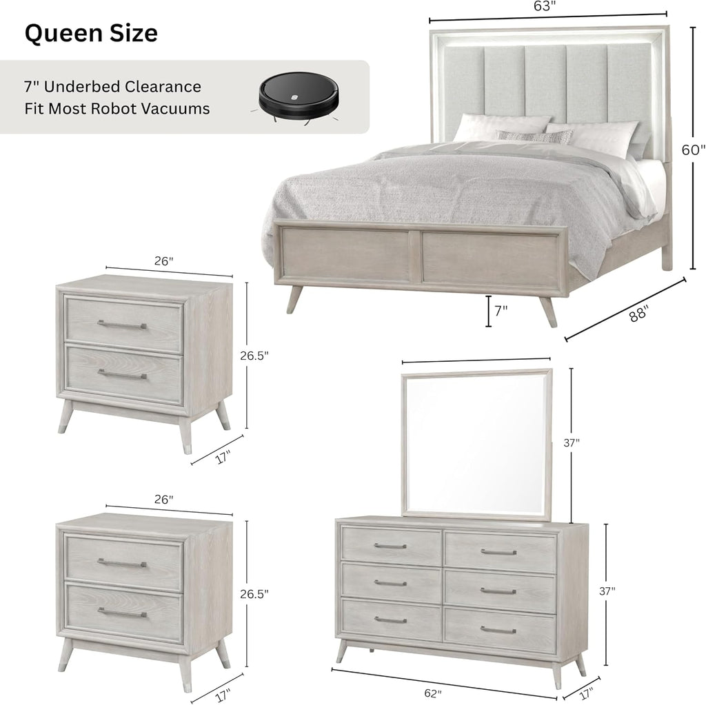 Roundhill Furniture Seluna 5-Piece Bedroom Set with Touch LED Lighting, Gray Oak Finish, Queen
