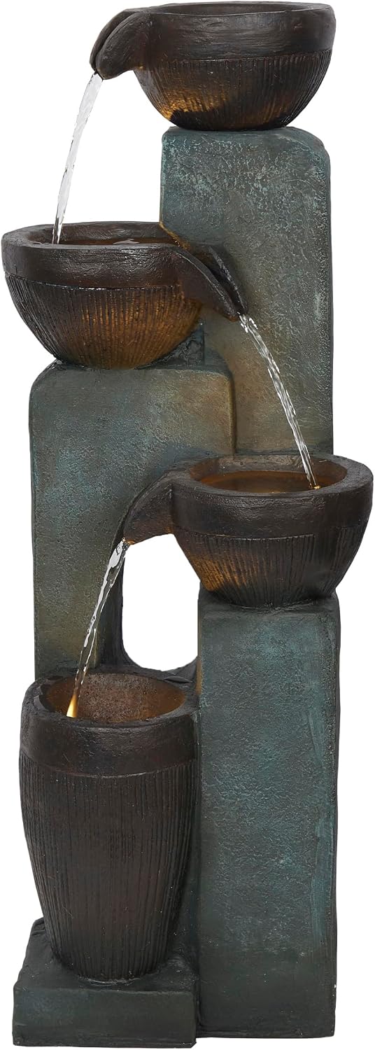 Alpine Corporation TZL396 31' 4 Tier Bowls Cascading Fountain with LED Lights, Elegant Outdoor Water Feature for Garden, Patio, Yard & Outdoor Spaces, Relaxing Waterfall Fountain, Gray