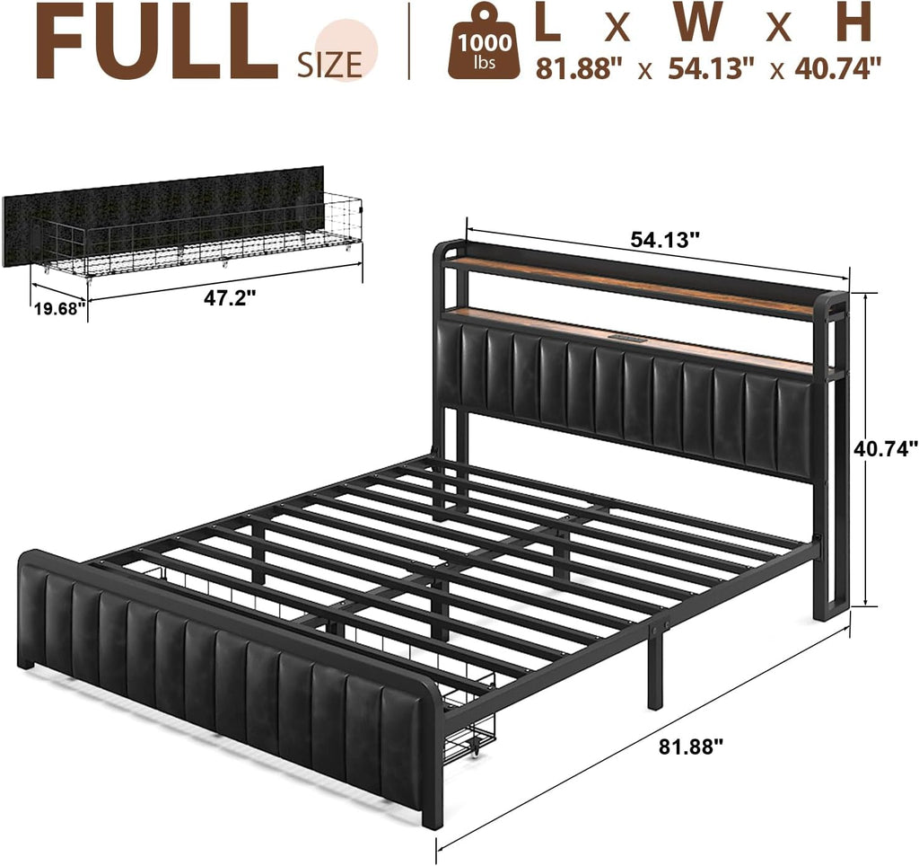 LoVinson Full Size Bed Frame with 2-Tier Storage Headboard, Metal Platform Bed Frame with Leather Storage Drawers, Built in Charging Station & LED Light, PU Leather, Non-Slip, Easy to Assemble, Black