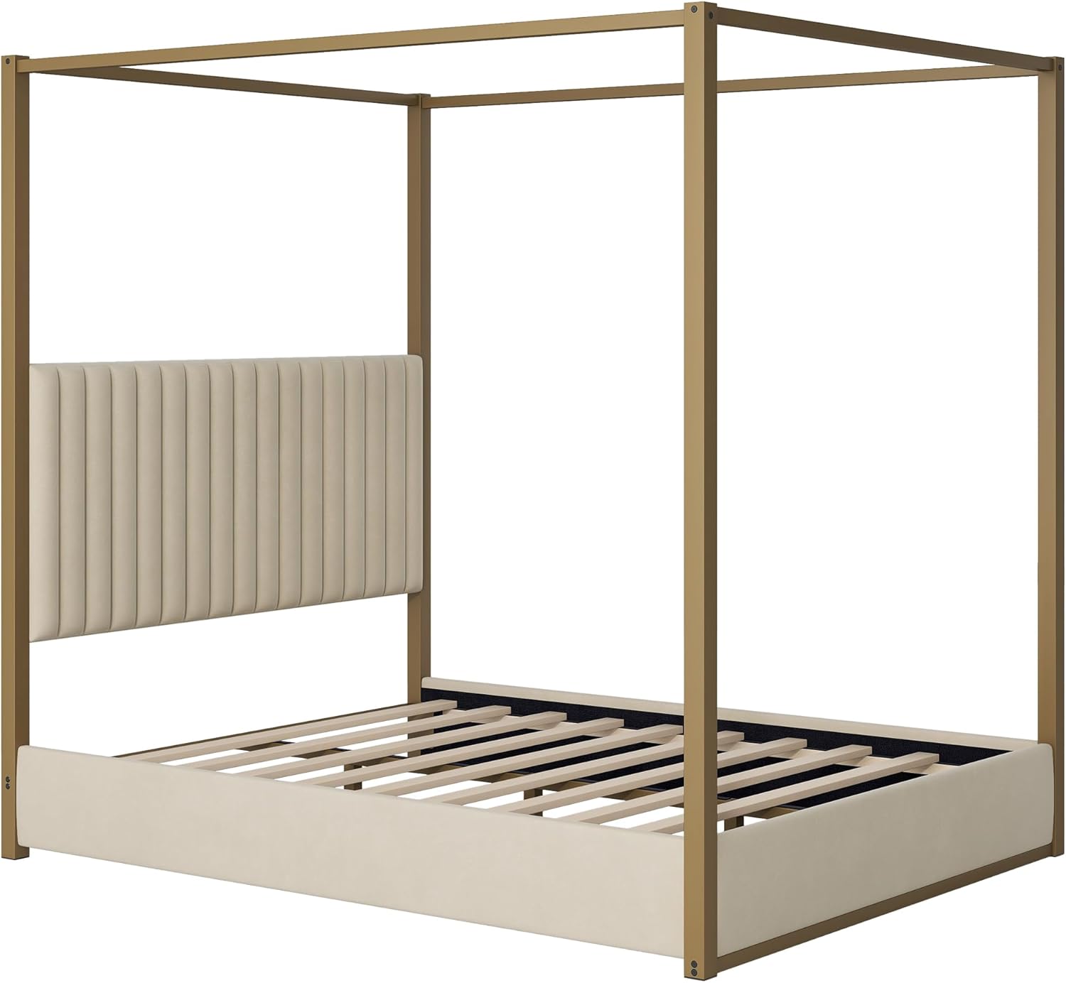 Queen Size Canopy Bed with Upholstered Headboard, 4-Poster Bed Frame with Metal Frame for Bedroom (Beige, Queen)