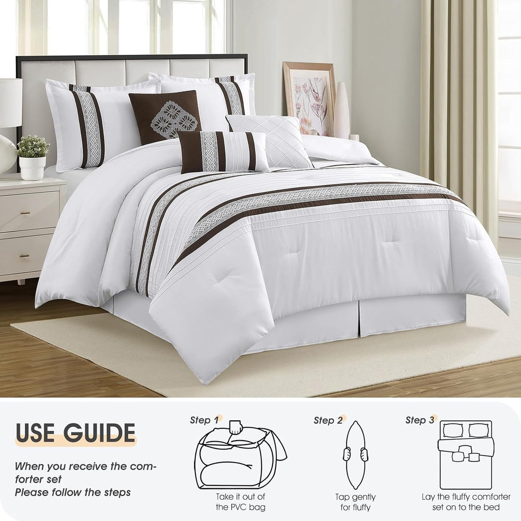 LANCO MODERN LIFESTYLE 7 Piece Comforter Set, Coffee White, Queen Size, Boho Style Geometric Microfiber Embroidery, Bed in a Bag with Bedskirt, Pillow Shams and Decor Pillows