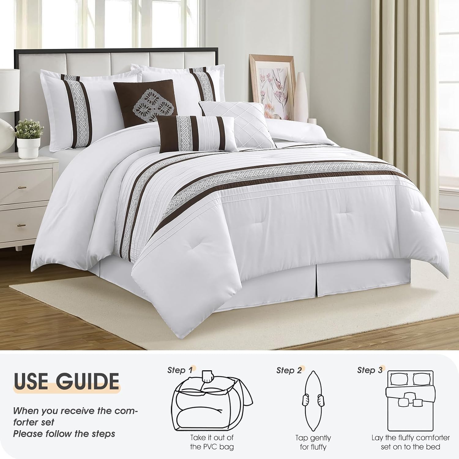 LANCO MODERN LIFESTYLE 7 Piece Comforter Set, Coffee White, Queen Size, Boho Style Geometric Microfiber Embroidery, Bed in a Bag with Bedskirt, Pillow Shams and Decor Pillows