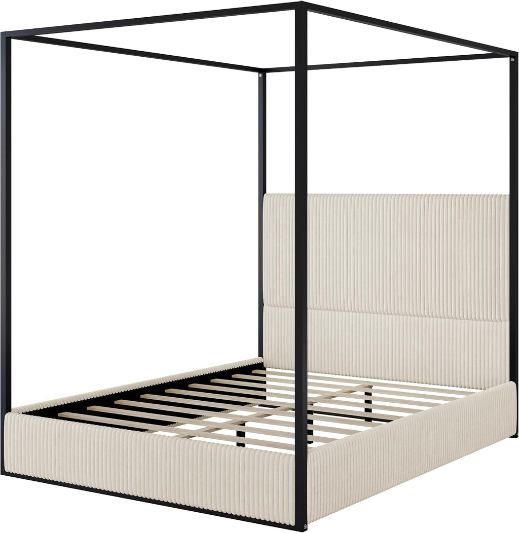 King Size Metal Canopy Bed with Tall Upholstered Channel Headboard and Gold 4 Poster, No Box Spring Needed (White+ Black, King)