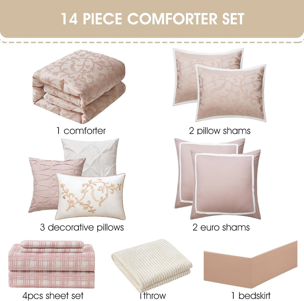 Stratford Park Blush Paisley Comforter Set Queen Size, 14 Piece, Jacquard Bedding Sets & Collections,1 Flat Sheet,1 Fitted Sheet, Pillow Shams Bedskirt