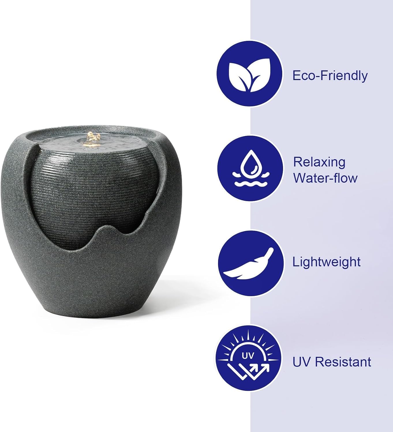 16.93' H Outdoor Water Fountain Made with Eco-Friendly Recyclable Materials, Polyethylene Round Bubbler Water Fountain Outdoor, Garden Decor with LED Light for Patio, Porch, Backyard (16.93')
