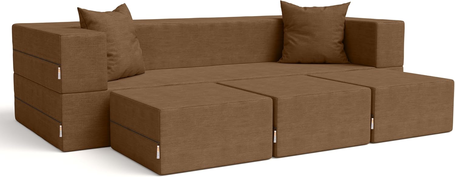 Jaxx Zipline Convertible Sleeper Sofa & Three Ottomans/California King-Size Bed, Textured Microvelvet - Toffee