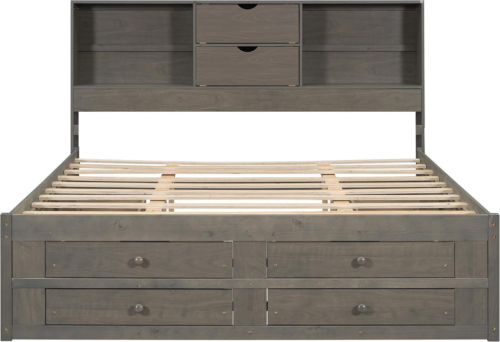 VilroCaz Wood Queen Size Platform Bed with Storage Headboard, Modern Platform Bed Captain's Bed Frame with 8 Drawers, Sturdy Slats Support, Maximize Space