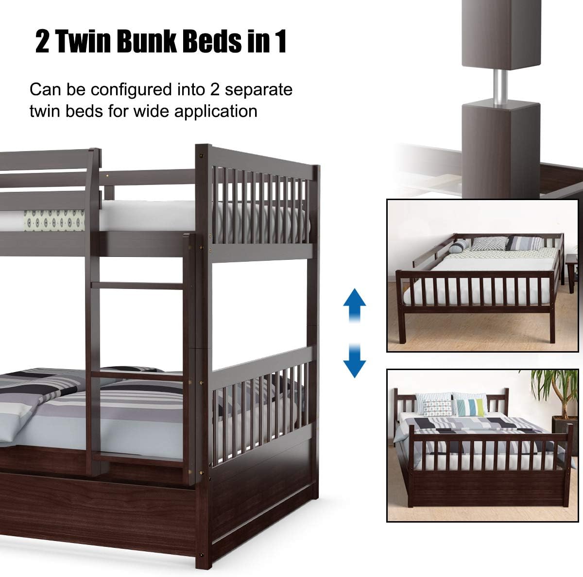 KOMFOTT Wood Full Over Full Bunk Bed with Trundle, Full Bed Frame with Ladder, Solid Wood Frame & Safety Guardrails, Space-Saving Bunk Bed for Teens & Adults, No Box Spring Needed