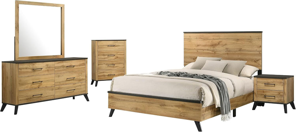 Coaster Home Furnishings Kaywood Mid-Century Modern 5-Piece Bedroom Set Queen Size Panel Bed Frame 52-inch Headboard Weathered Brown and Natural Pine 225001Q-S5