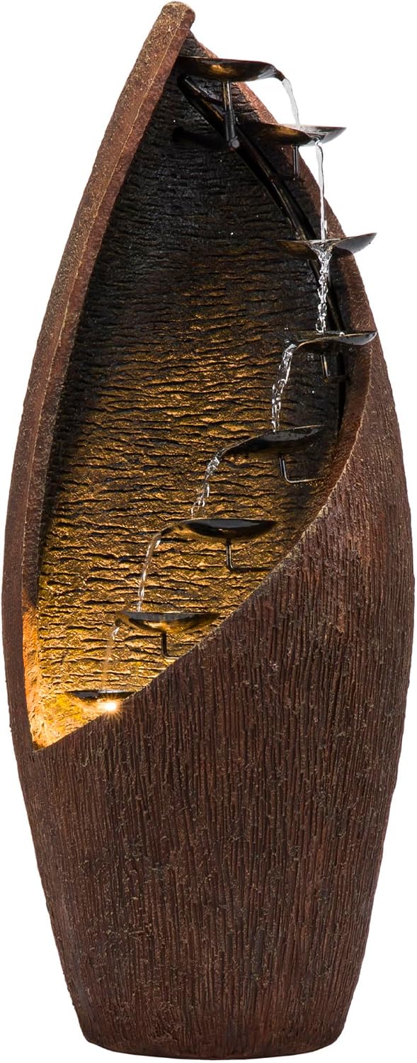 Alpine Corporation 43' Tall Outdoor Floor Contemporary Tiered Bronze Metal Water Fountain with LED Lights, Stylish Outdoor Water Feature for Garden and Patio Decor, Brown