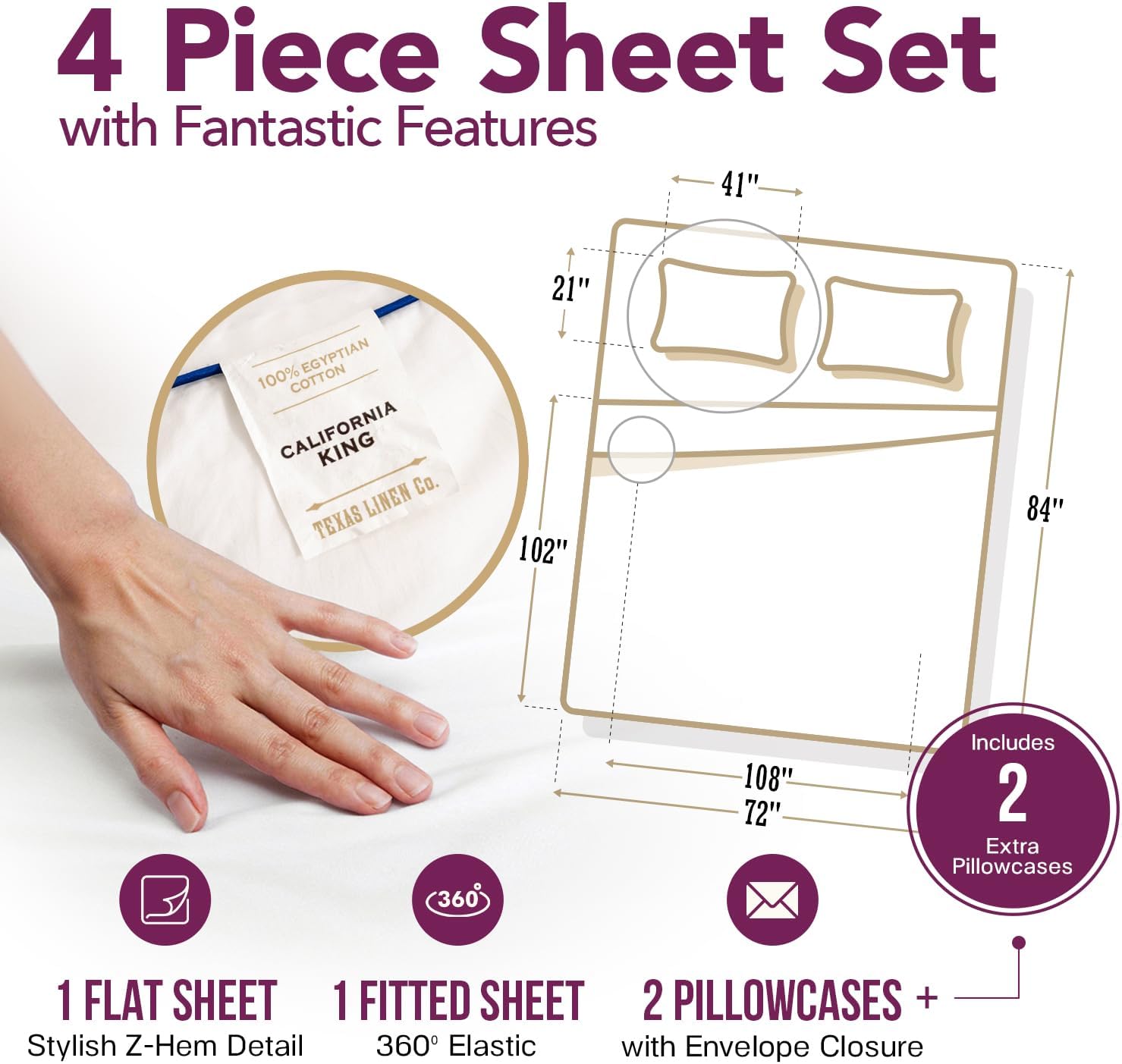 TEXAS LINEN CO. 100% Egyptian Cotton Sheets California King Size Bed Set - Luxury 1200 Series Star Sleepin' Collection Cal King Sheet Set (4 PC, White), Cooling, Sateen, 17' Deep Pocket Bedsheet