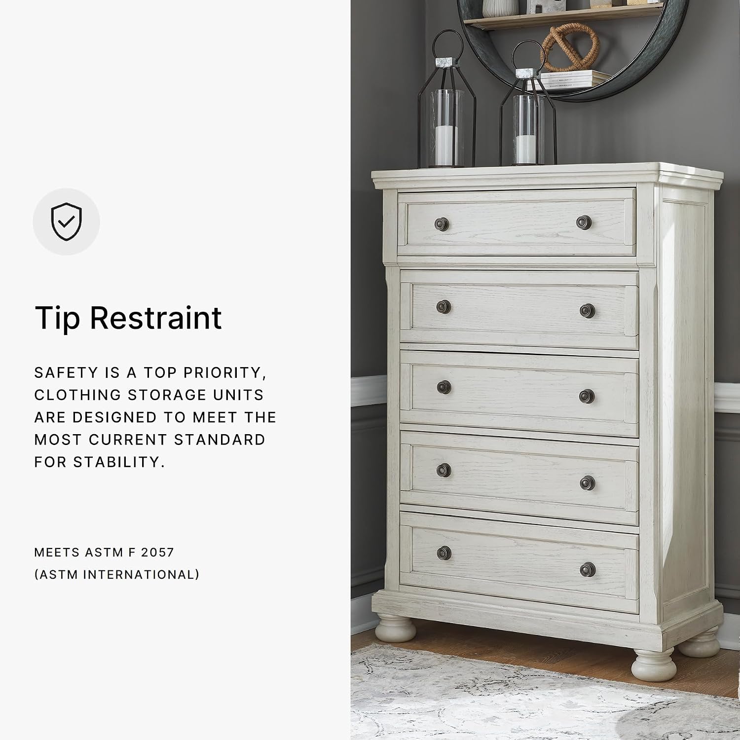 Signature Design by Ashley Robbinsdale Traditional 5 Drawer Chest, Antique White