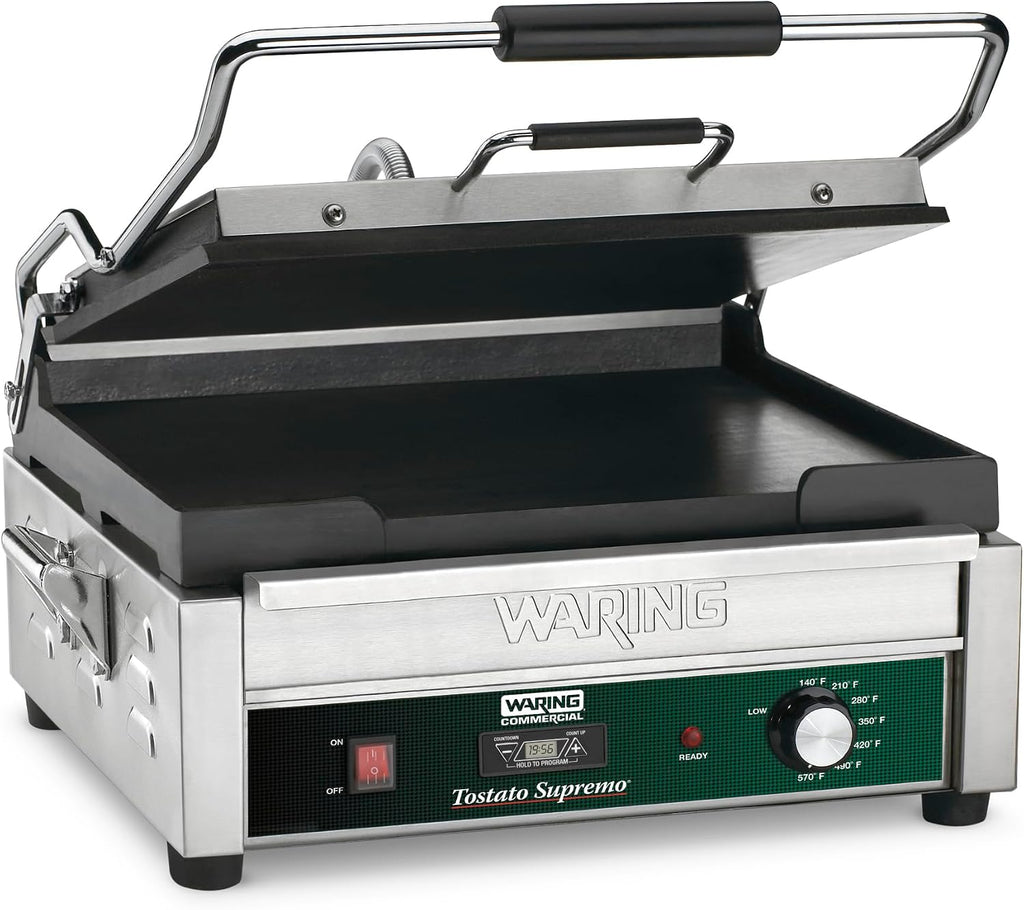 Waring Commercial Panini Press with Timer, Flat Cast Iron Plates, 14.5' x 11' Cooking Surface, 570°F Adjustable Thermostat, for Sandwiches up to 3' Thick, Professional Kitchen Grill, 120V, WFG250T