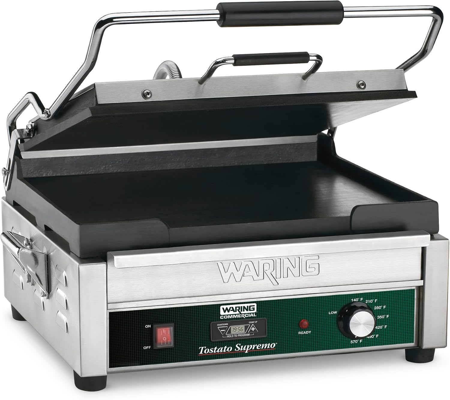 Waring Commercial Panini Press with Timer, Flat Cast Iron Plates, 14.5' x 11' Cooking Surface, 570°F Adjustable Thermostat, for Sandwiches up to 3' Thick, Professional Kitchen Grill, 120V, WFG250T