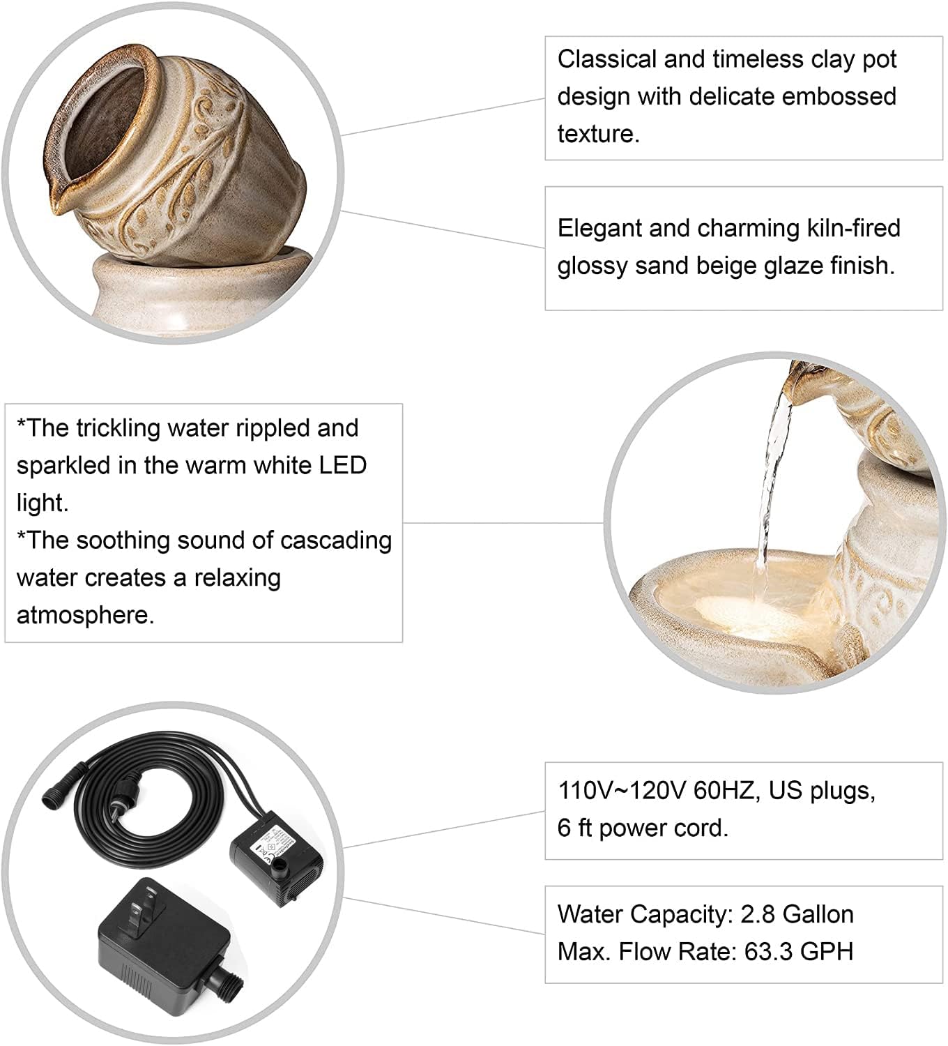 Glitzhome 27.25' H Outdoor Garden Water Fountain with LED Lights and Pump, 4 Tier Sand Beige Embossed Pattern Ceramic Pots Cascading Floor Standing Fountain for Porch Deck Patio Backyard Decoration
