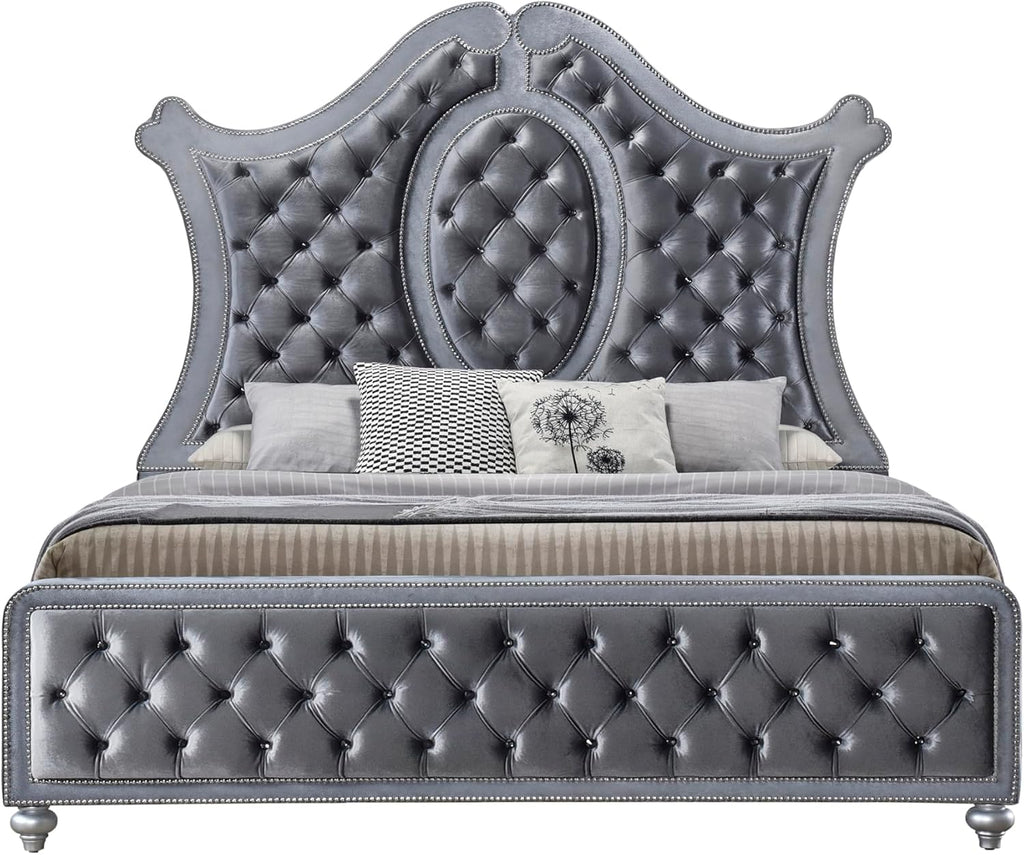 6pc Traditinal Gray Finish Luxury Upholstered Queen Size Panel Bed Set Arched Headboard Master Bedroom Furniture