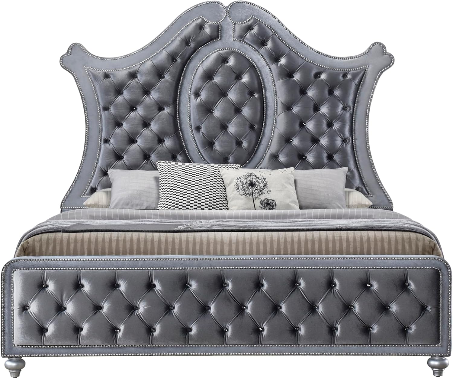 6pc Traditinal Gray Finish Luxury Upholstered Queen Size Panel Bed Set Arched Headboard Master Bedroom Furniture