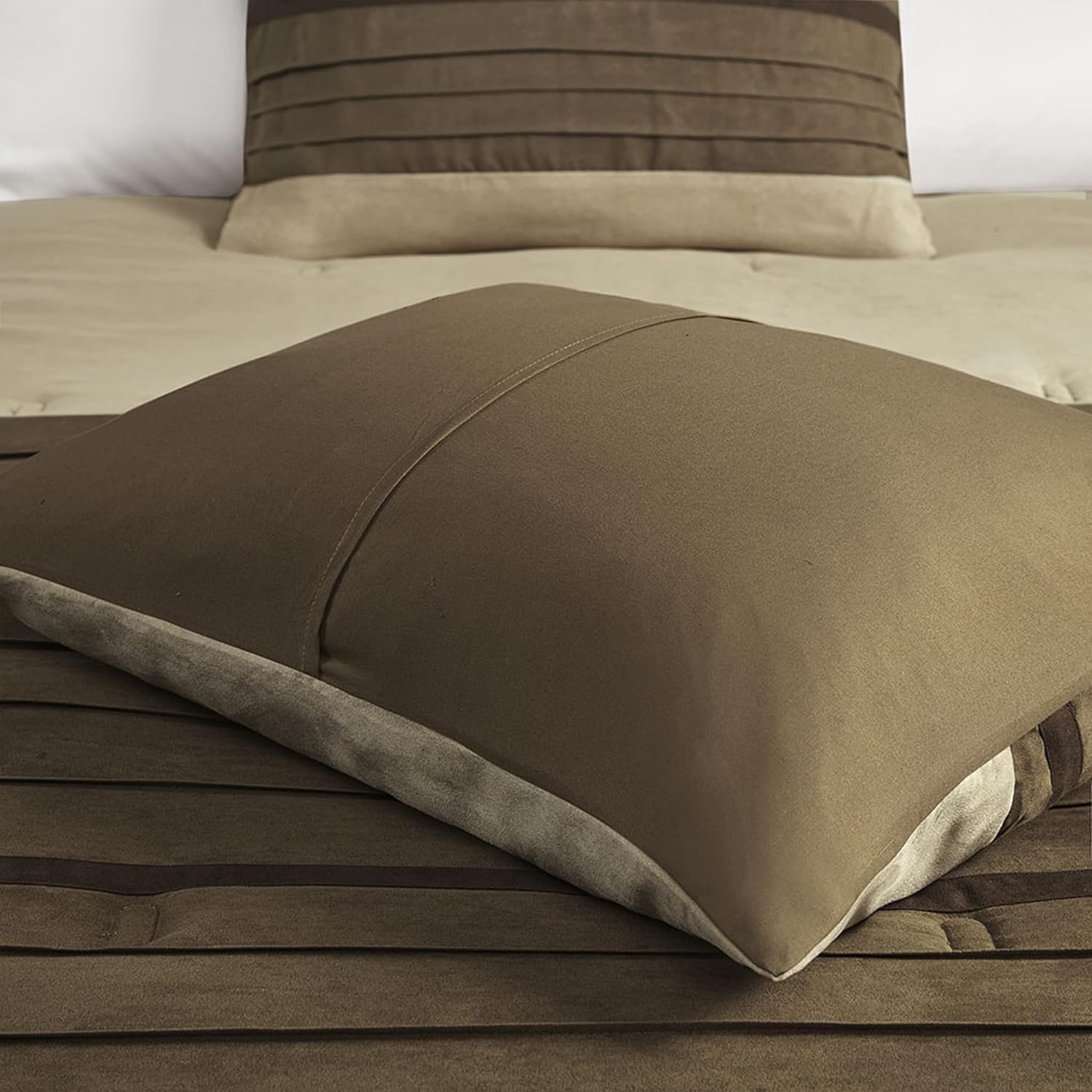 Madison Park Cozy Comforter Set-Luxury Faux Suede Design, Striped Accent, All Season Down Alternative Bedding, Matching Shams, Decorative Pillow, Natural, California King (104 in x 92 in)
