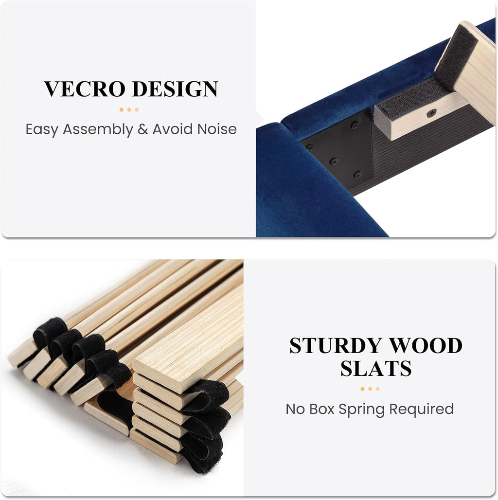 SHA CERLIN Queen Bed Frame/Velvet Upholstered Platform Bed Frame with Headboard/Strong Wood Slats Support/Mattress Foundation/No Box Spring Needed - Dark Blue