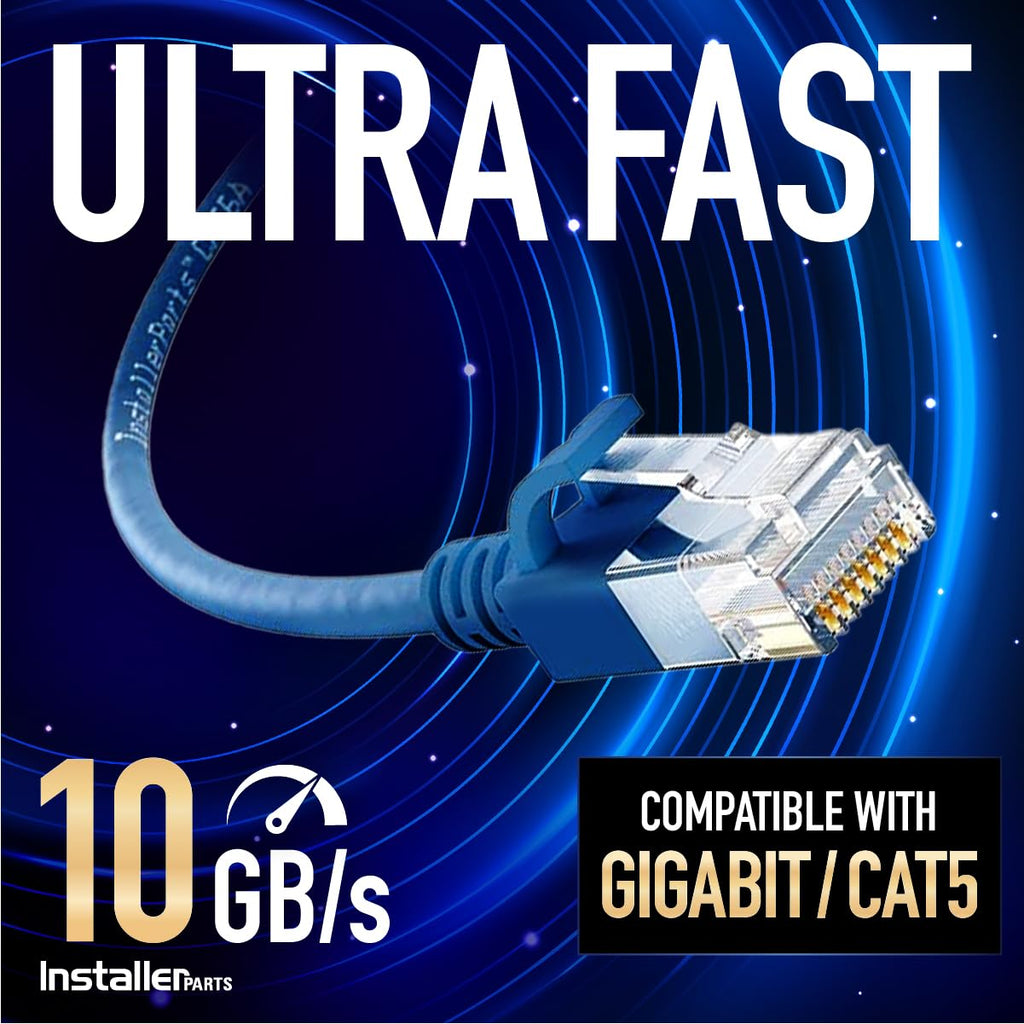 InstallerParts Ethernet Cable CAT6A Slim Cable UTP Booted 0.5 FT (100 Pack) - Blue - Professional Series - 10Gigabit/Sec Network/High Speed Internet Cable, 550MHZ, 28AWG