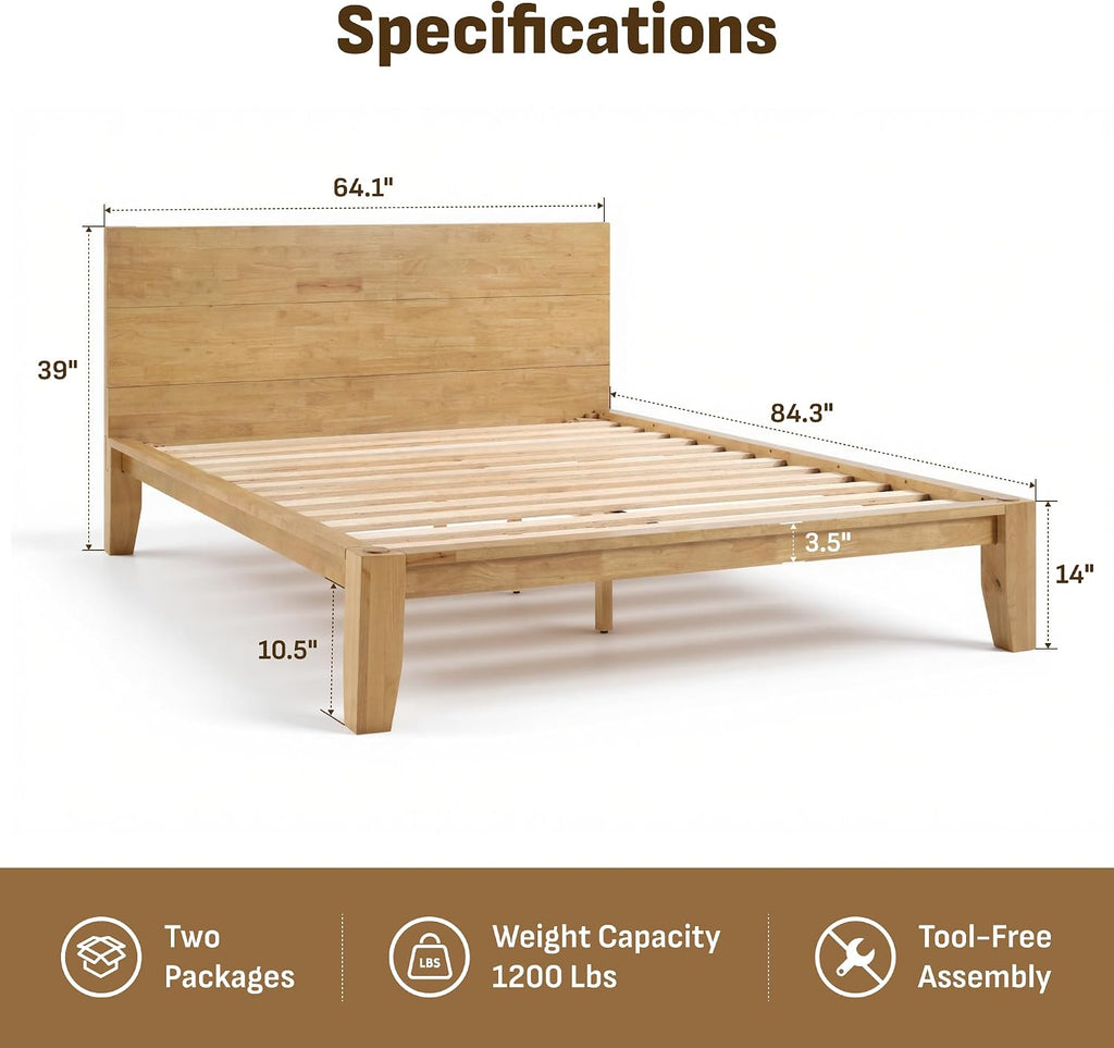 Softa Mikor Queen Japanese Joinery Bed Frame with Headboard, Solid Rubberwood Platform Bed, 1500 Lbs Heavy Duty, SGS Certified, 15Min No-Tool Setup, Storage Shelf, USB-A/C Port, No Box Spring Needed