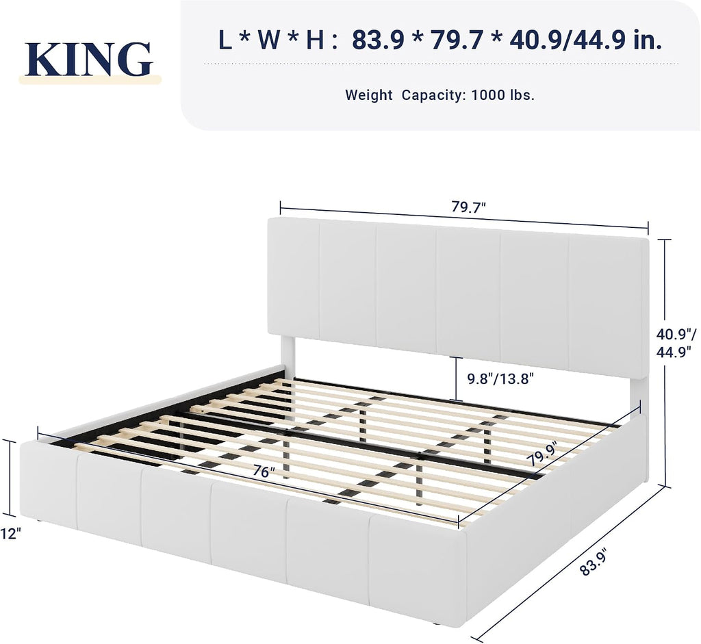 Allewie King Size Dutch Velvet Upholstered Platform Bed Frame/Vertical Channel Tufted Adjustable Headboard/Low Profile Bed Frame/No Box Spring Needed/Easy Assembly/White