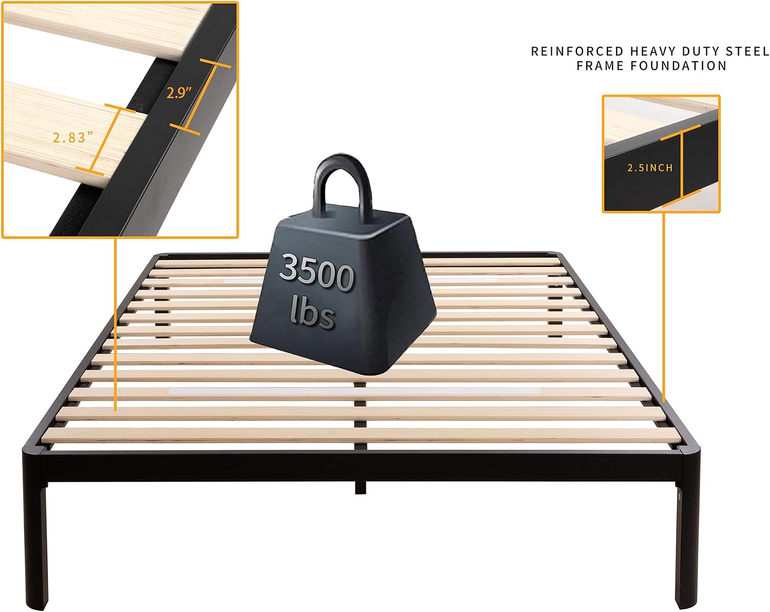 MAF 14 Inch King Platform Bed Frames with Wooden Slats, Black 3500 Lbs Heavy Duty Metal Bed Frame with Anti-Collision Round Legs, No Box Spring Needed, Easy Assembly