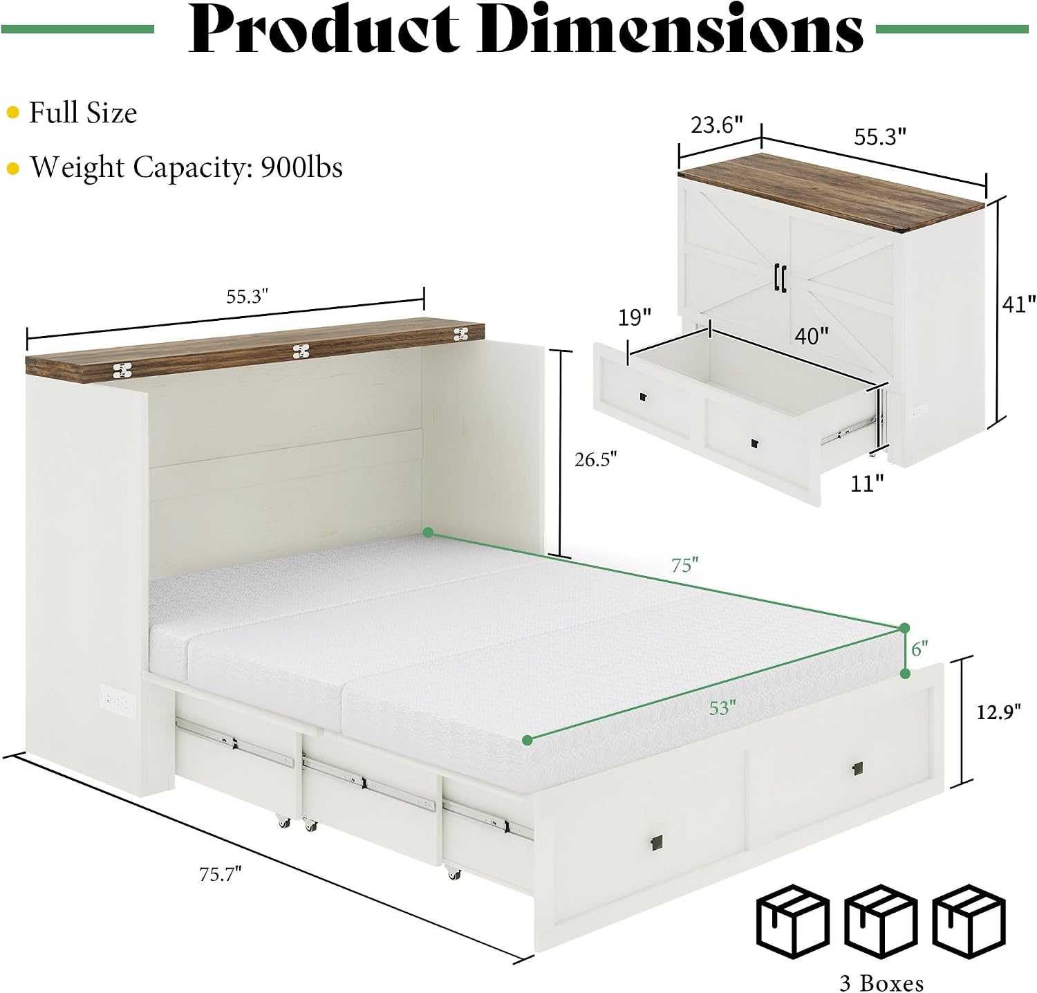 LUXOAK Full Murphy Bed with 6' Tri-Fold Memory Foam Mattress, Storage Drawer & Charging Station, Space-Saving Design for Home Office or Guest Room, White